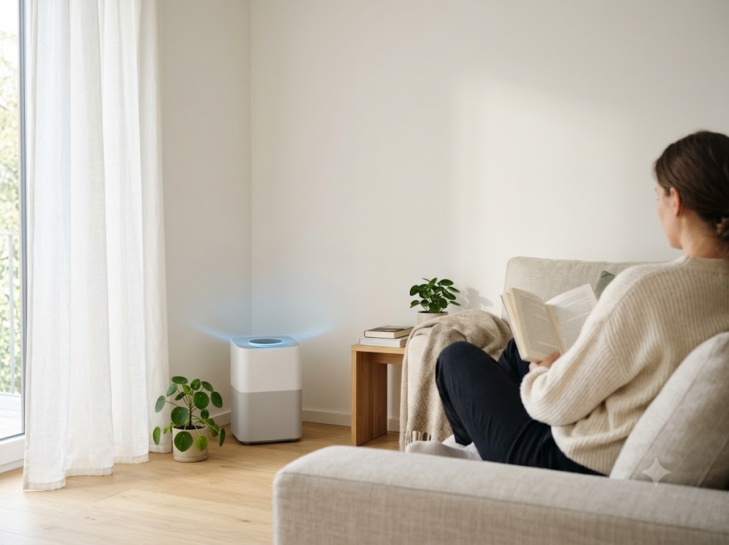 Purificador de aire HEPA en salón luminoso